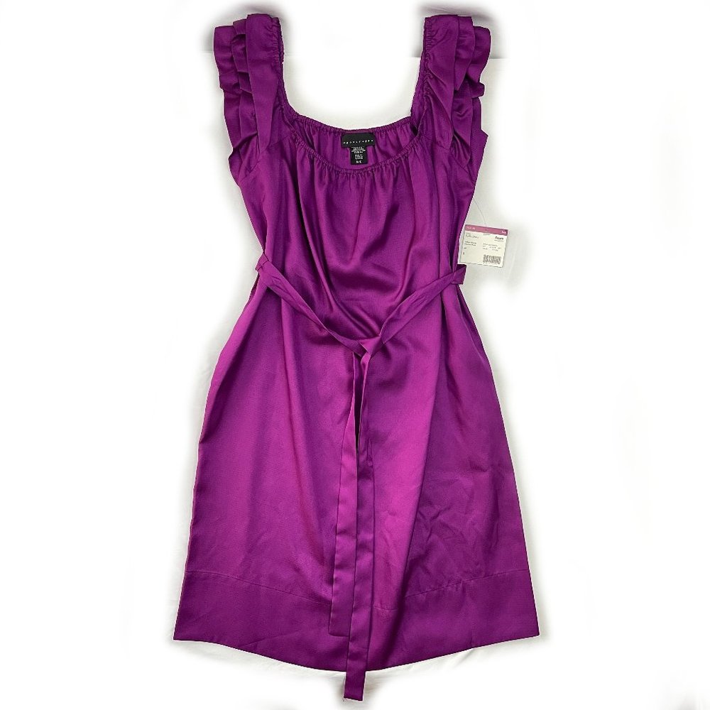 NWT Apostrophe Belted Ruffle Shoulder Dress Sz Small Misses Vibrant Plum Sateen